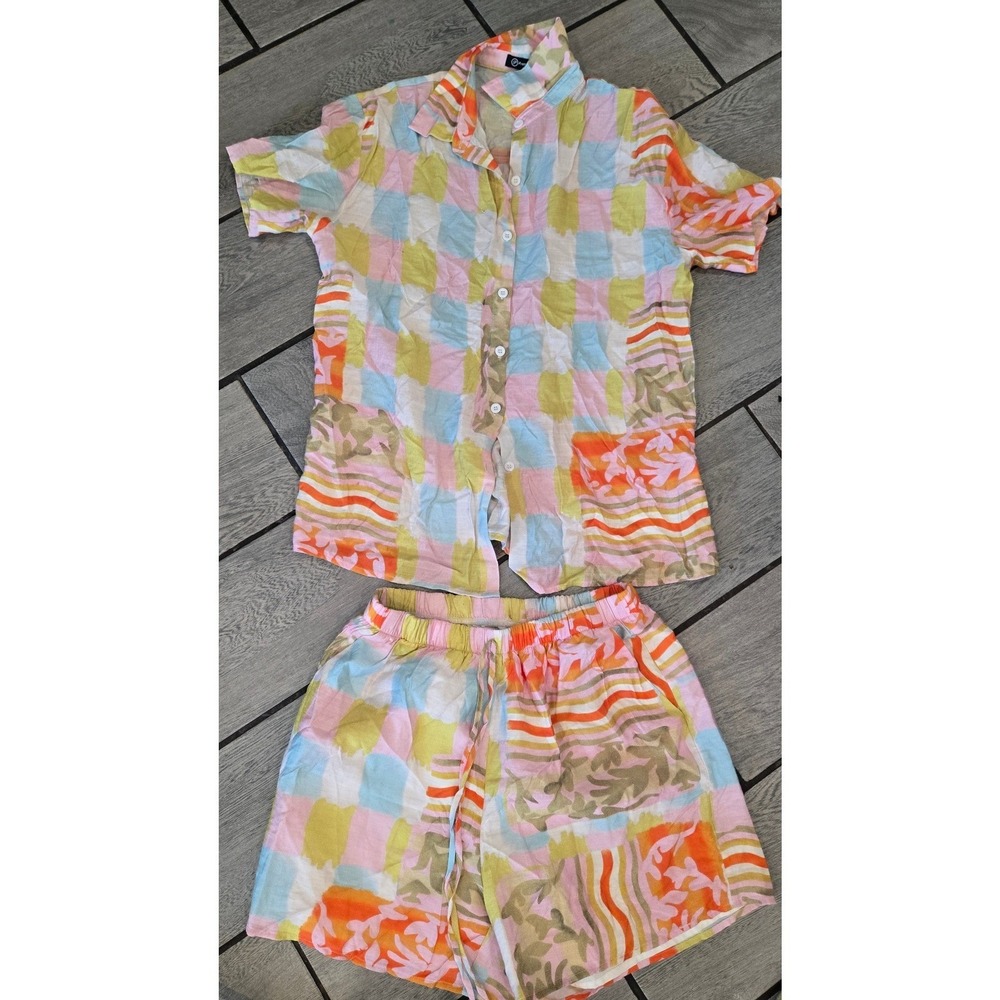 PrettyGarden Womens 2 Piece Set Patchwork Button Down Shirt and Shorts Multi S